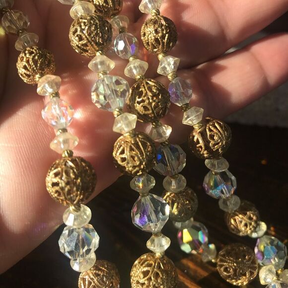 Vintage Aurora Borealis Iridescent Crystal and Gold tone 2 Strand Necklace 217 - Picture 8 of 12